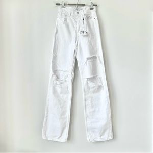 ZARA | (NWT) WHITE DISTRESSED WIDE LEG Z1975 FULL LENGTH RIPPED JEANS STRAIGHT